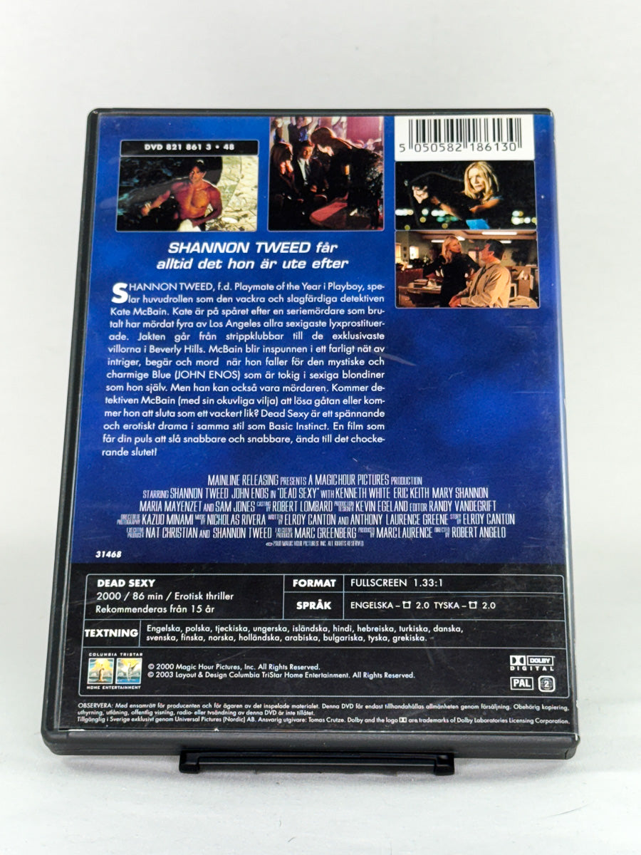 Bakside av brukt DVD Dead Sexy – erotisk thriller med action og fare, originalomslag hos Brukbar Film
