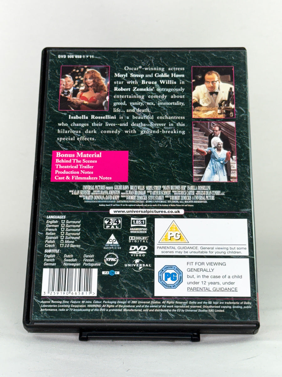 DVD-cover-bakside til filmen Death Becomes Her – Brukt DVD fra nettbutikken Brukbar Film