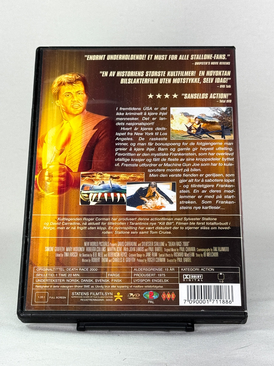 Bakside av DVD-cover til Death Race 2000 – brukt DVD med filmomtale og teknisk info, original fra Brukbar Film