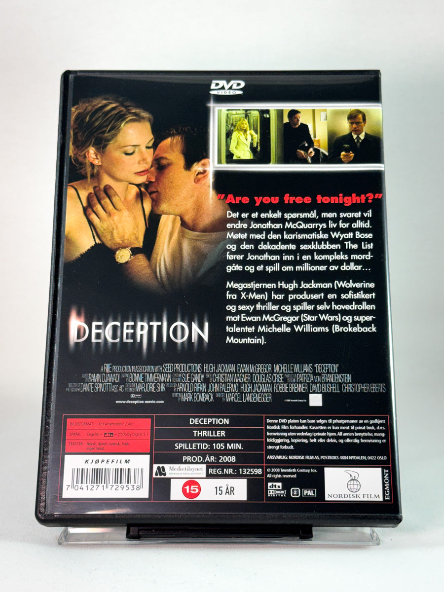 Bakside av cover til Deception, bruktfilm hos nettbutikken Brukbar Film
