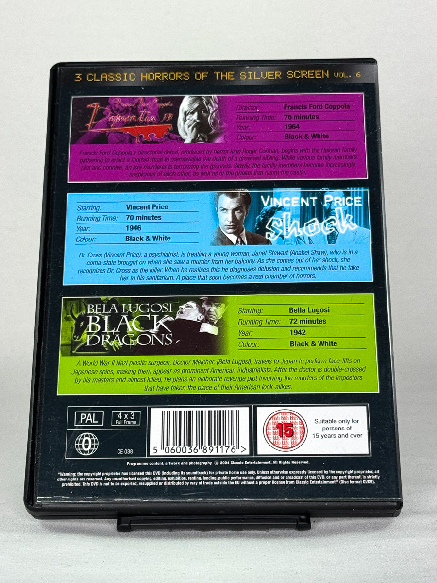 Bakside av filmcover til brukt DVD Dementia 13 / Shock / Black Dragons – brukt utgave med tre skrekkklassikere hos Brukbar Film