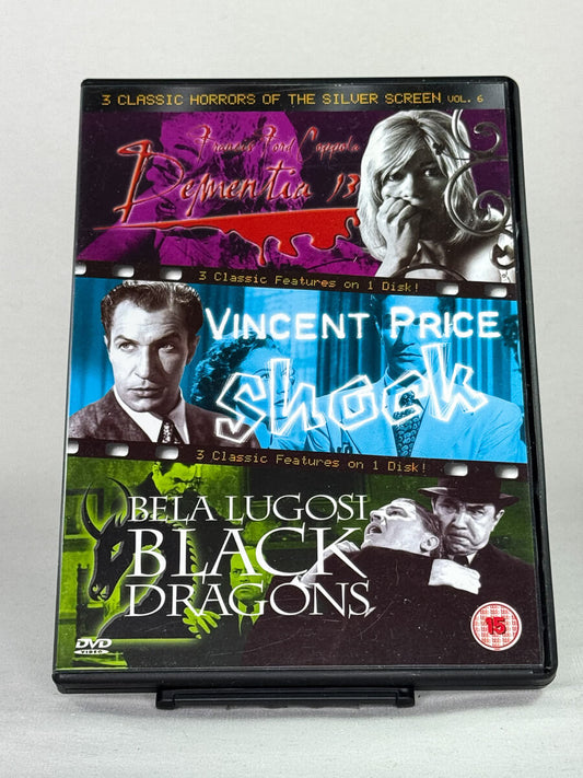 Forside av filmcover til brukt DVD Dementia 13 / Shock / Black Dragons – klassiske kultskrekkfilmer samlet på brukt DVD fra Brukbar Film