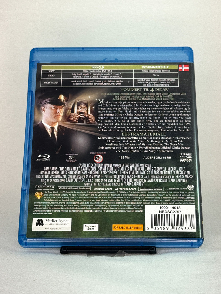 Bakside av Blu-ray-cover til Den grønne mil – sterk film fra regissøren av The Shawshank Redemption, brukt Blu-ray tilgjengelig hos Brukbar Film.