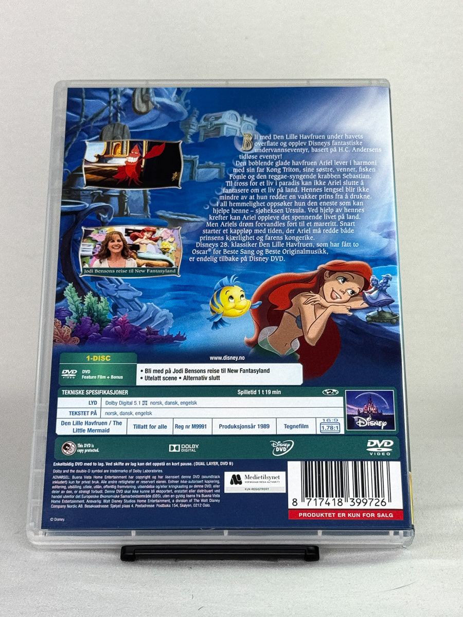 DVD-bakside til filmen Den Lille Havfruen
Baksiden viser info, spesifikasjoner og eventuell ekstratekst – produktbilde fra nettbutikken Brukbar Film