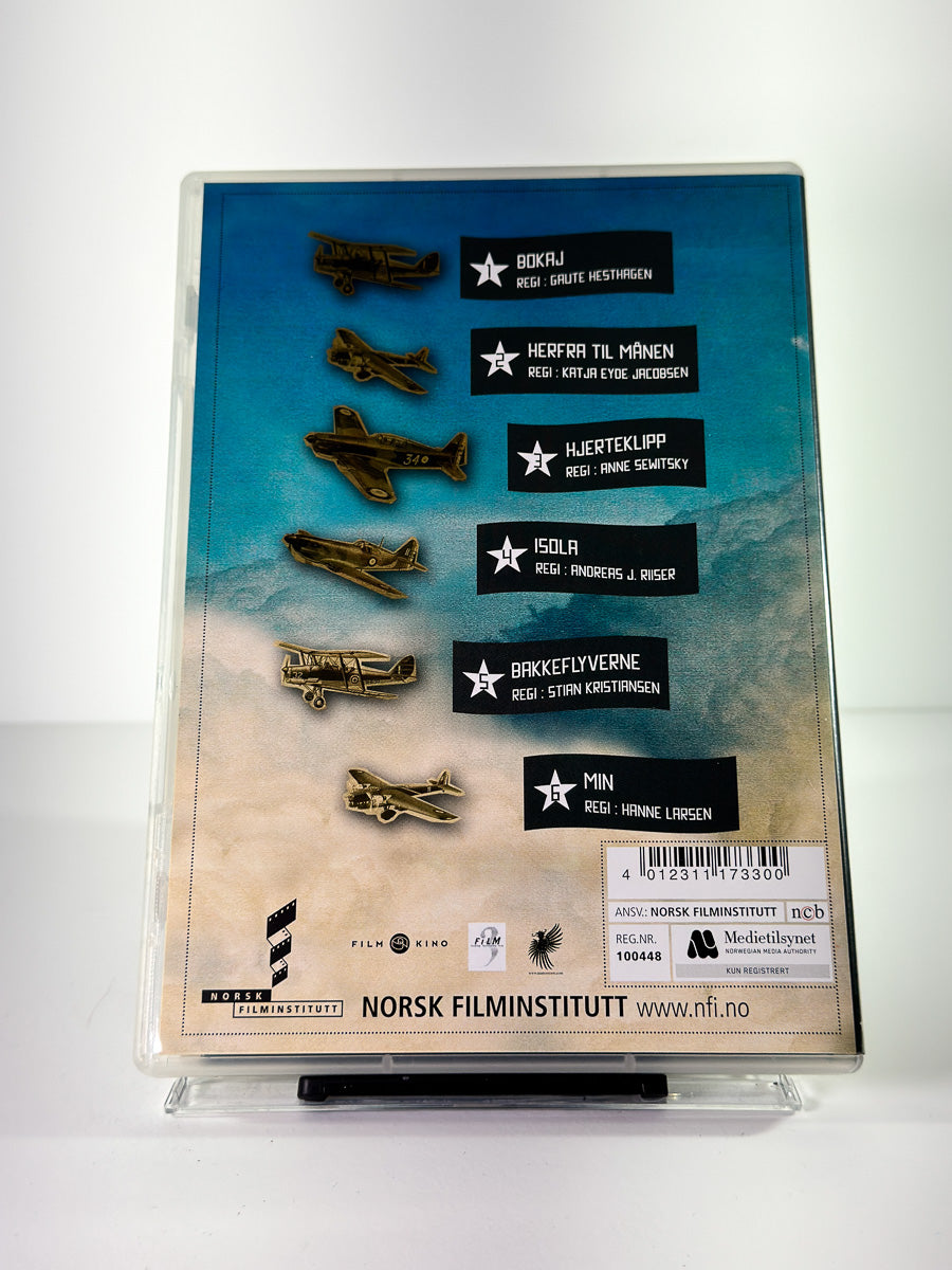 Bakside av cover til Den norske filmskolen presenterer eksamensfilmer, bruktfilm på DVD hos Brukbar Film