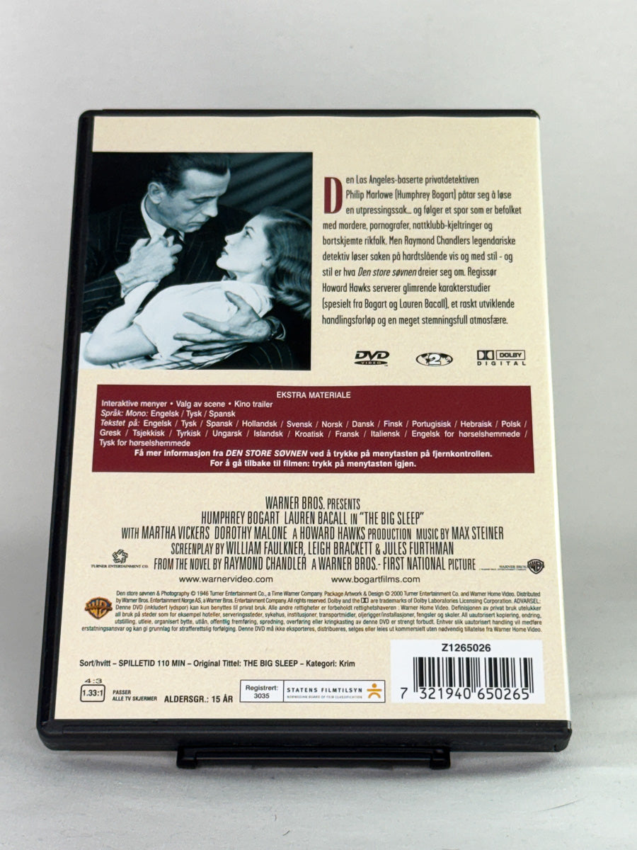 Bakside av DVD-cover for Den store søvnen – brukt klassisk krimfilm på DVD tilgjengelig hos Brukbar Film