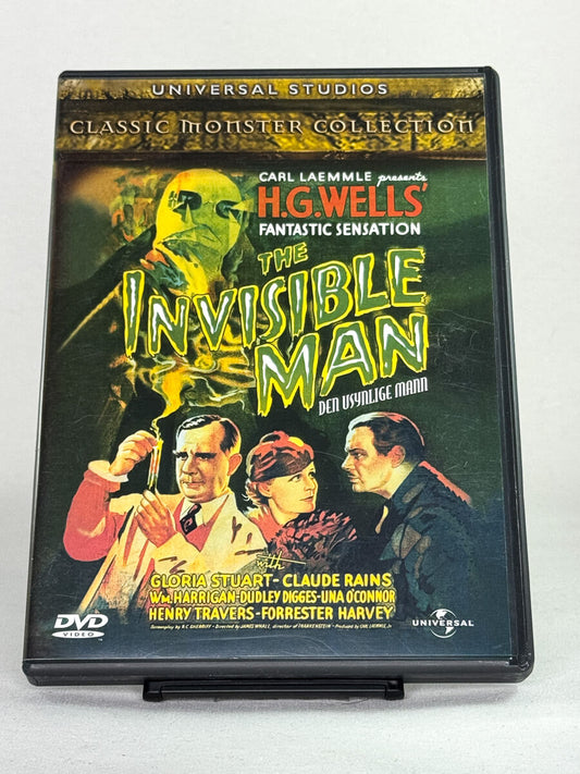 Brukt DVD-film Den usynlige mann (originaltittel: The Invisible Man) – forside av klassisk skrekkfilmcover, kjøp brukte monsterfilmer på DVD hos Brukbar Film