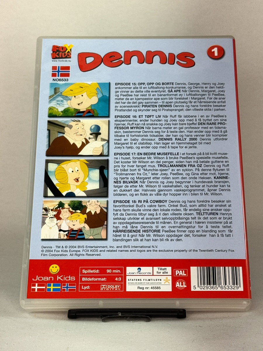 Bakside av DVD-cover til Dennis – Episode 15–18 – dobbel spilletid og norsk tale for hele familien – original brukt DVD tilgjengelig hos Brukbar Film.