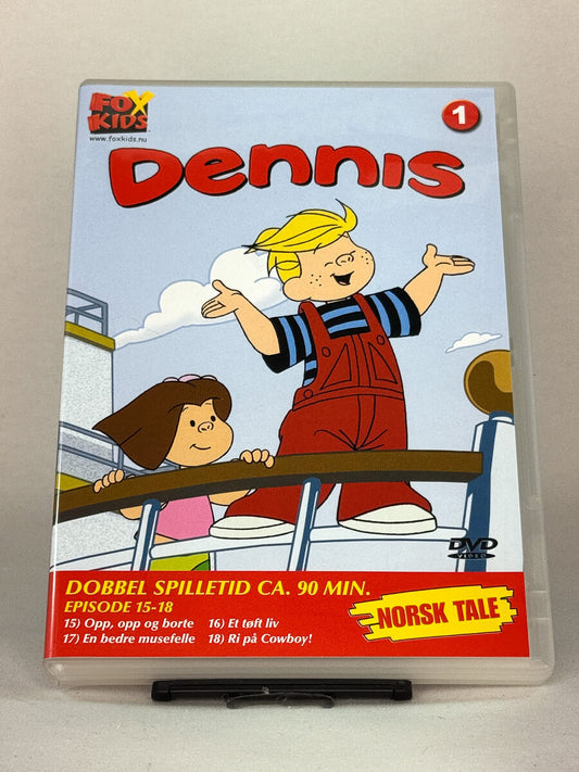 Forside av DVD-cover til Dennis – Episode 15–18 – norsk versjon av Fox Kids-serien med fire morsomme episoder – brukt tegnefilm på DVD hos Brukbar Film.