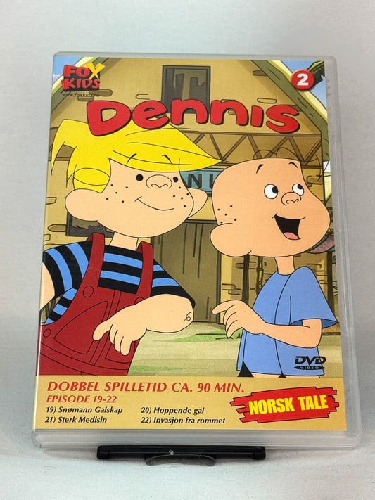 Forside av DVD-cover til Dennis – Vol. 2 – klassisk Fox Kids-animasjon med norsk tale og episoder full av humor og rampestreker, brukt barnefilm på DVD hos Brukbar Film.