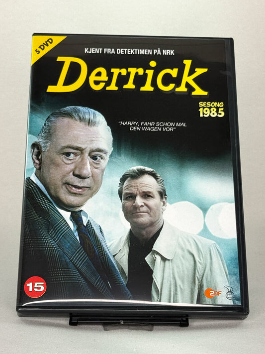 Forside av brukt DVD-film Derrick – Sesong 1985, populær tysk kriminalserie sendt på NRK, original filmcover for samlere hos Brukbar Film.