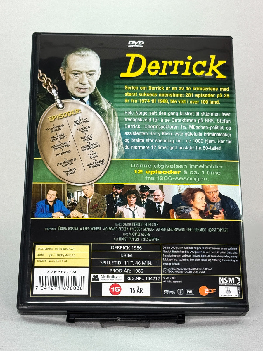 Bakside av DVD-cover til Derrick – Sesong 1986, brukt krimserie på DVD med original coverdesign fra Brukbar Film.