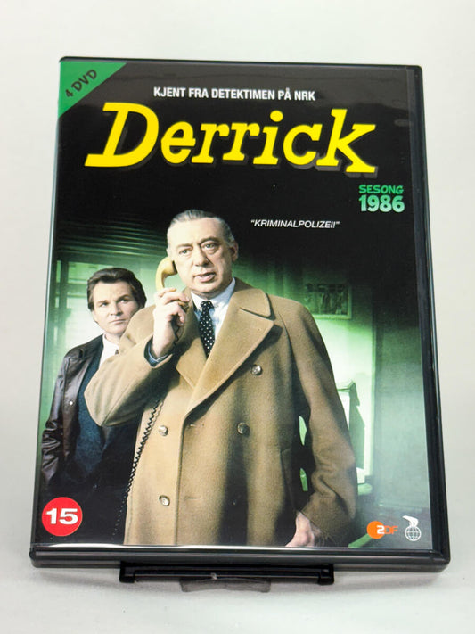 Forside av brukt DVD-film Derrick – Sesong 1986, klassisk tysk krimserie kjent fra NRK, original filmcover tilgjengelig hos Brukbar Film.