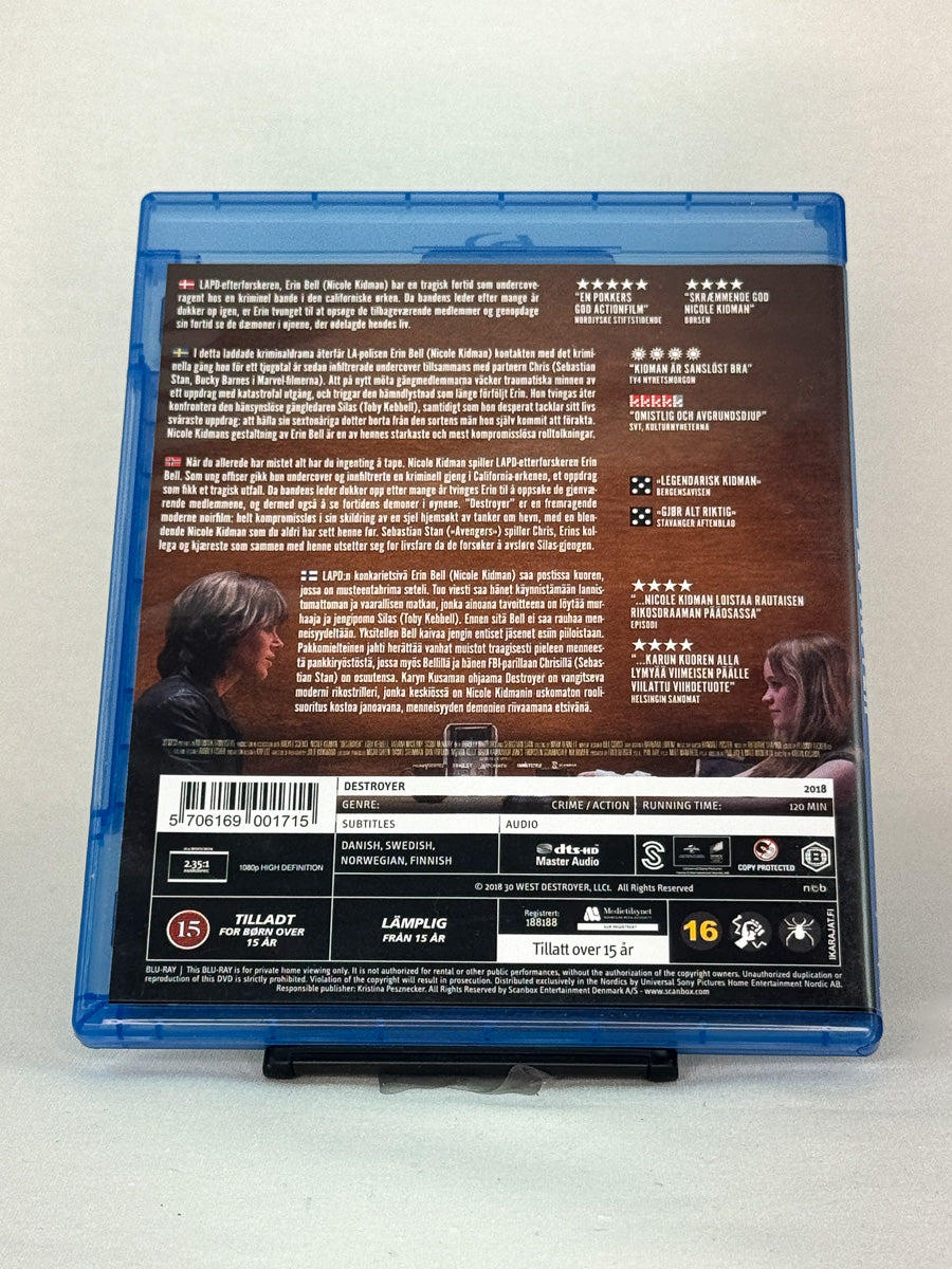 Bakside av Blu-ray-cover for Destroyer – brukt Blu-ray-film i originalutgave, selges hos Brukbar Film.