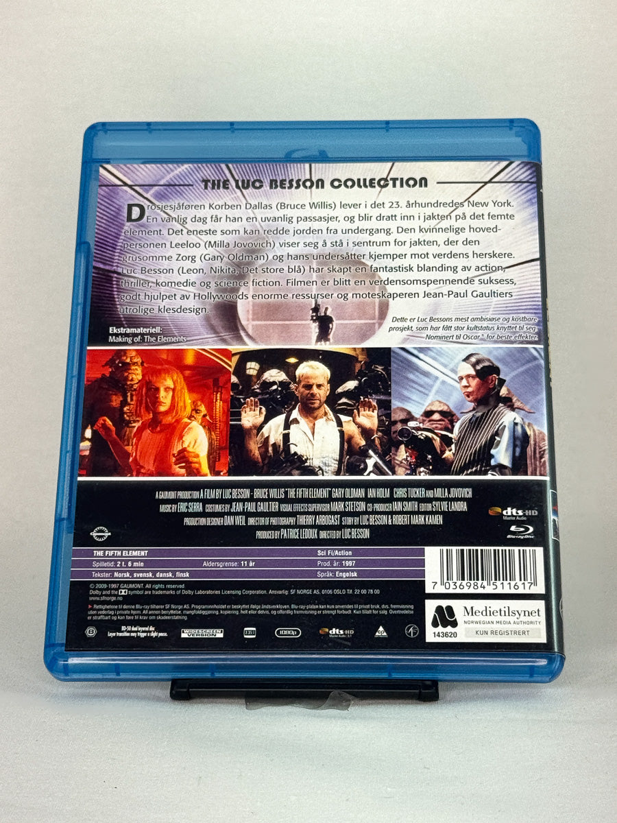 Bakside av Blu-ray-cover for Det femte element – brukt original sci-fi Blu-ray-film, tilgjengelig hos Brukbar Film.