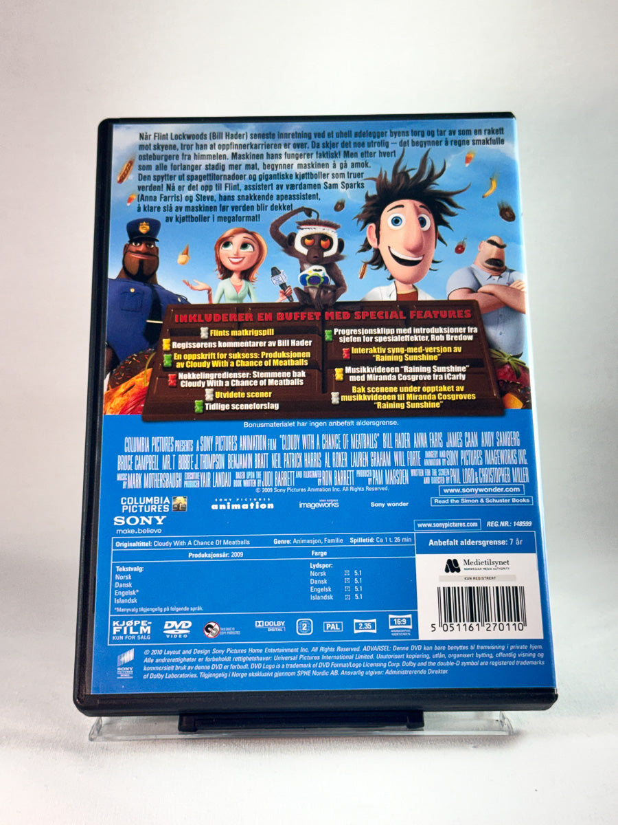 Bakside av cover til Det regner kjøttboller, brukt DVD hos Brukbar Film