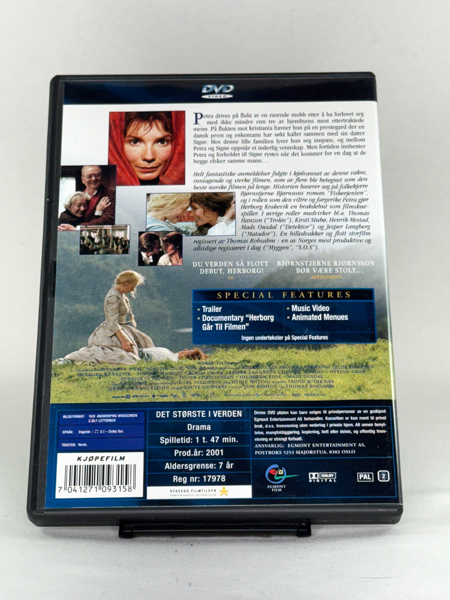 DVD-bakside til filmen Det største i verden
Baksiden viser info, spesifikasjoner og eventuell ekstratekst – produktbilde fra nettbutikken Brukbar Film