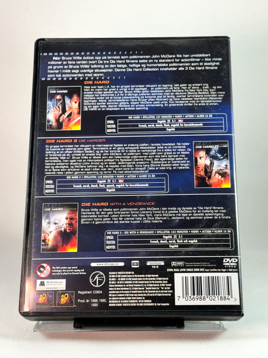 Bakside av cover til Die Hard Collection, bruktfilm hos nettbutikken Brukbar Film 