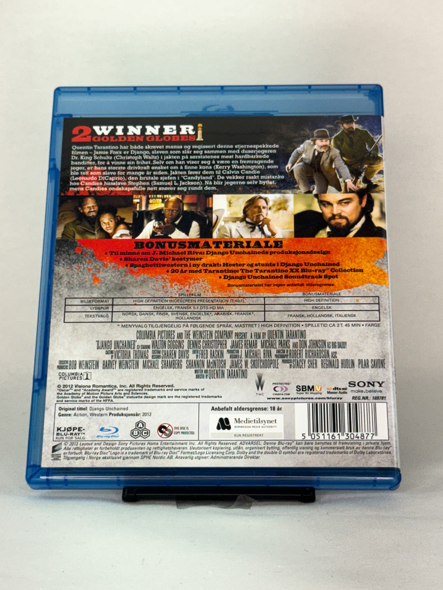 Bakside av Blu-ray-cover for Django Unchained – brukt original western Blu-ray-film, tilgjengelig hos Brukbar Film.
