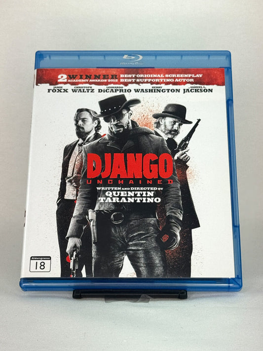 Forside av Blu-ray-cover til Django Unchained – brukt westernfilm på Blu-ray, regissert av Quentin Tarantino, hos Brukbar Film.