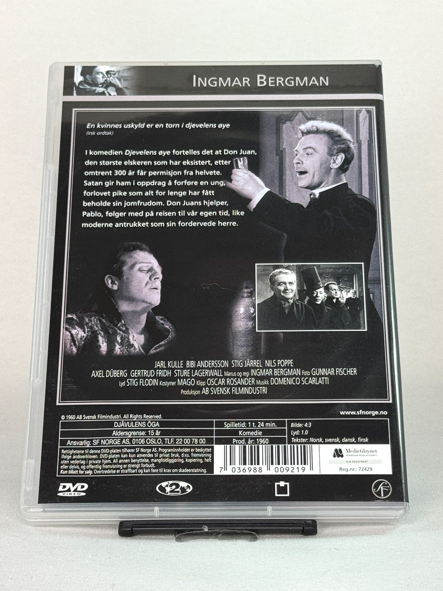 Bakside av DVD-cover til Djevelens øye – brukt DVD-utgave av Ingmar Bergmans komedie om djevelen på jorden, tilgjengelig hos Brukbar Film.
