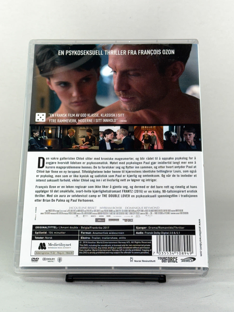 Bakside av DVD-cover til Dobbelt begjær – brukt DVD-film, bakside med detaljer, original fra Brukbar Film