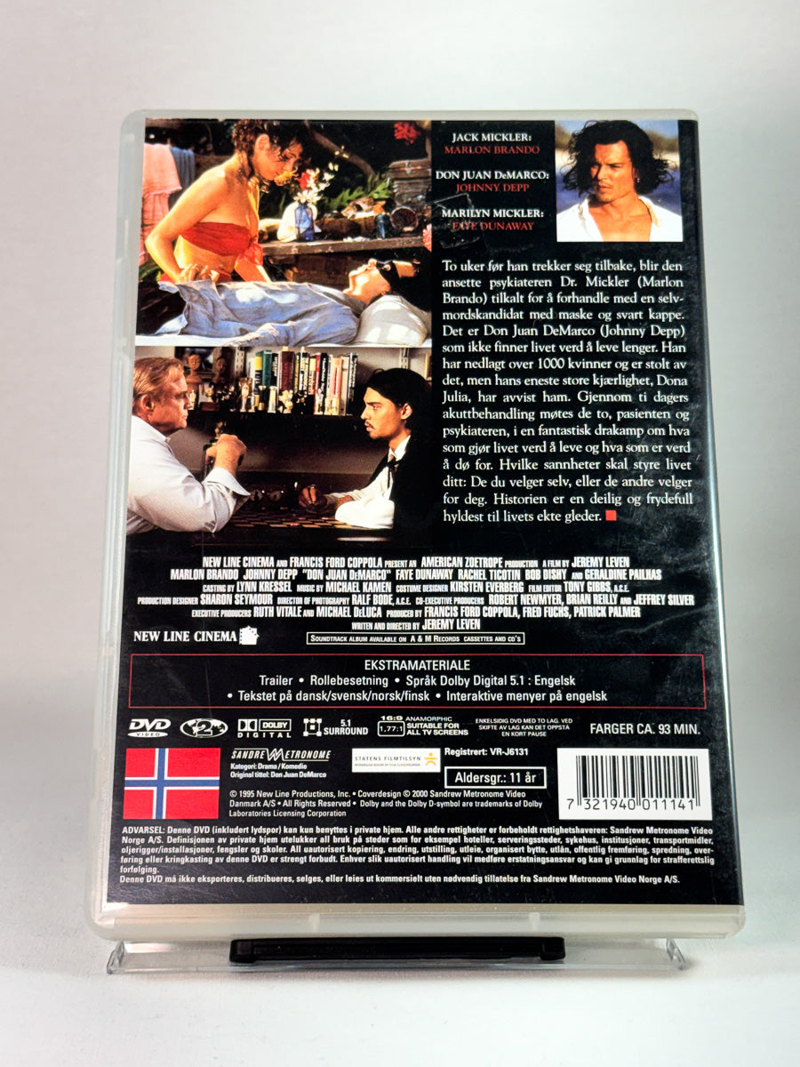 Bakside av cover til Don Juan DeMarco, bruktfilm hos nettbutikken Brukbar Film