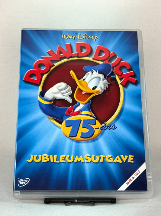 Forside av DVD-cover til Donald Duck – 75-års jubileumsutgave – klassiske Disney-tegnefilmer samlet i en spesialutgave, brukt DVD hos Brukbar Film.