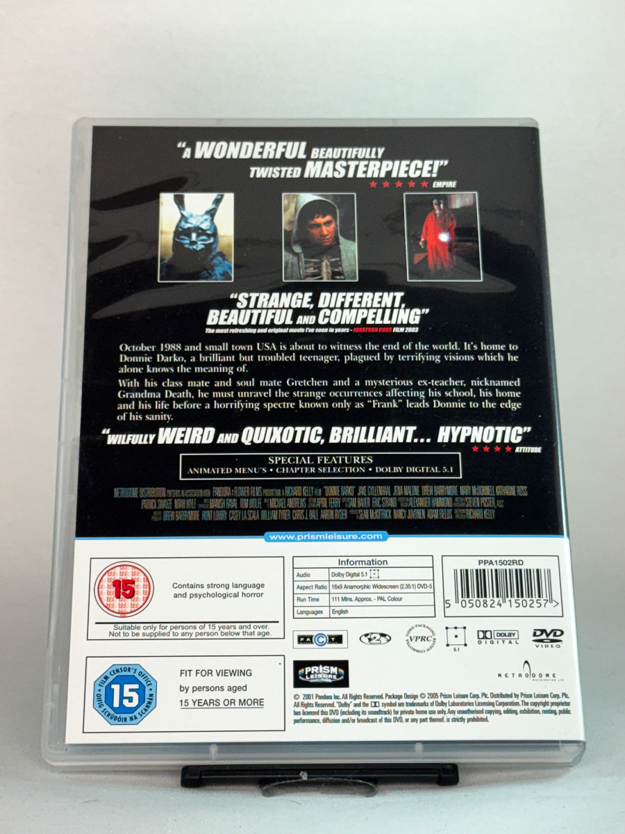 Bakside av DVD-cover til Donnie Darko, bruktfilm hos nettbutikken Brukbar Film