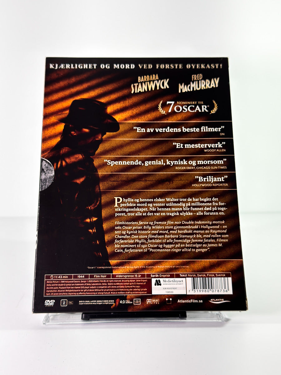 Bakside av cover til Double Indemnity, bruktfilm på DVD hos Brukbar Film