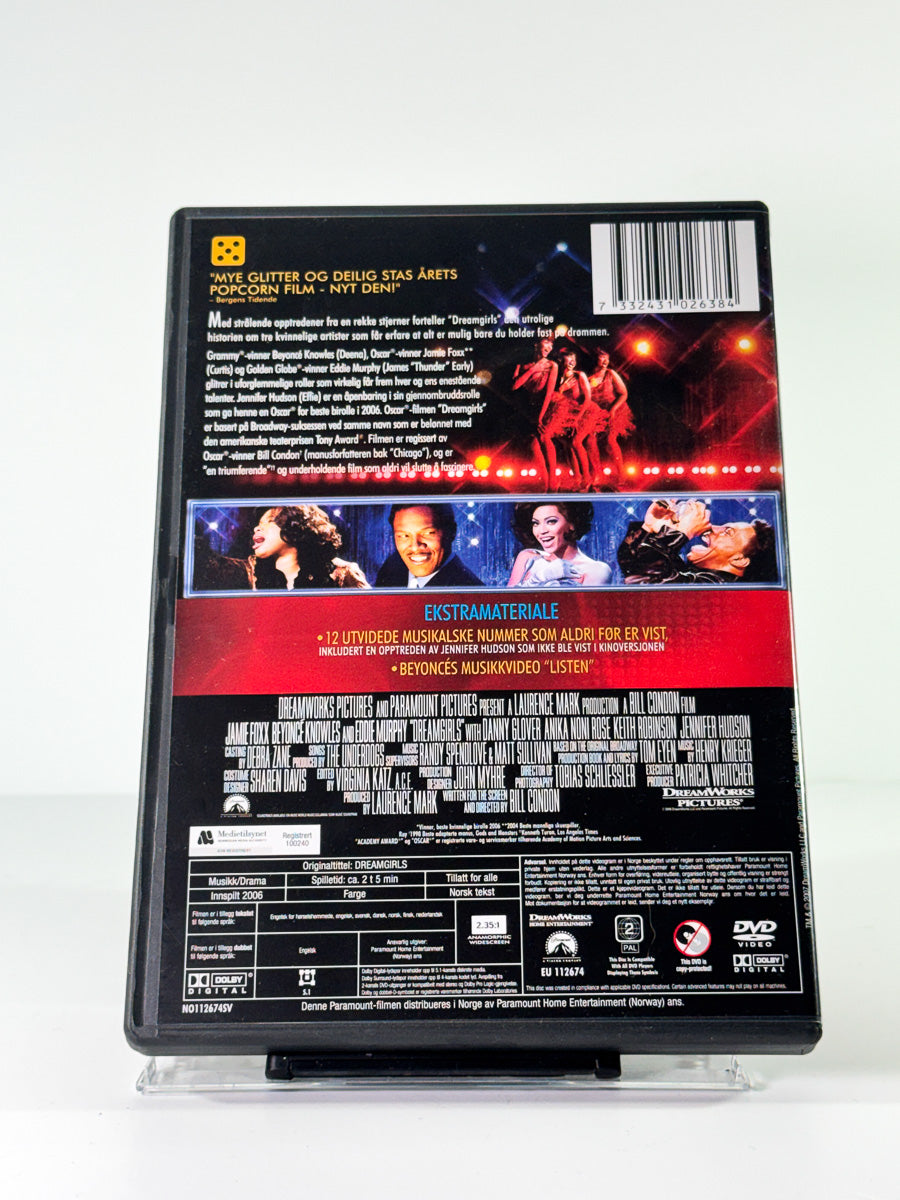 Bakside av cover til dreamgirls, brukt original DVD hos Brukbar Film