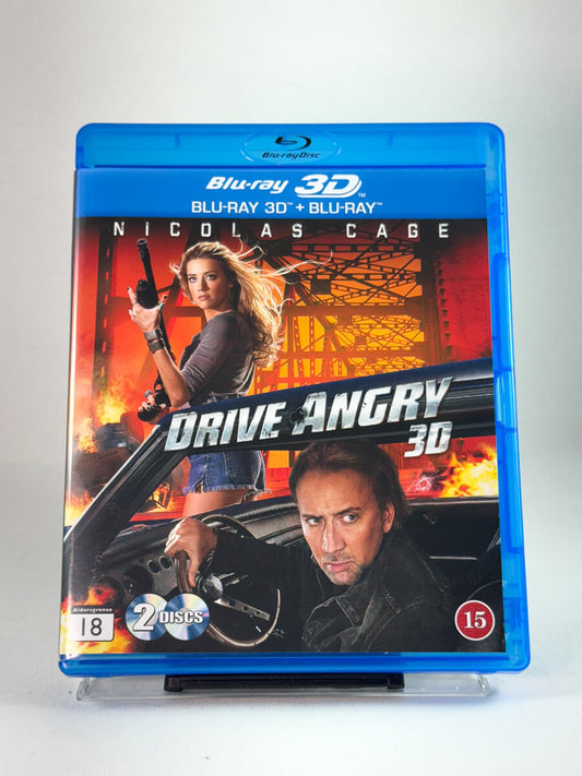 Forside av DVD-cover til Drive Angry (Blu-ray 3D), bruktfilm hos nettbutikken Brukbar Film