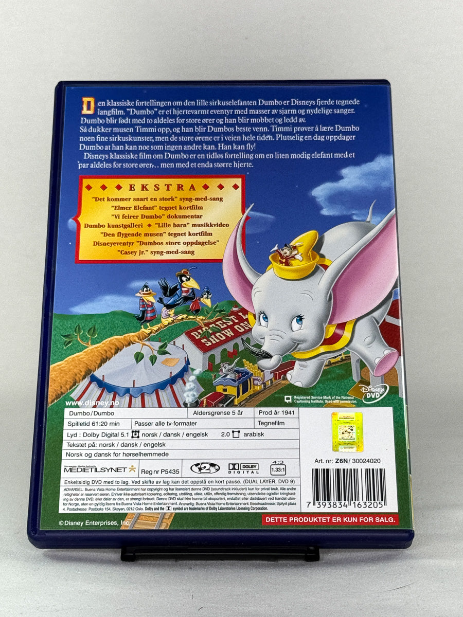 DVD-bakside til filmen Dumbo
Baksiden viser info, spesifikasjoner og eventuell ekstratekst – produktbilde fra nettbutikken Brukbar Film