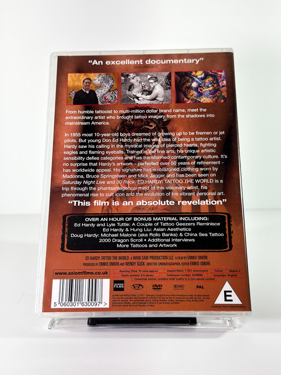 Bakside av cover til Ed Hardy Tattoo The World, brukt original DVD hos Brukbar Film