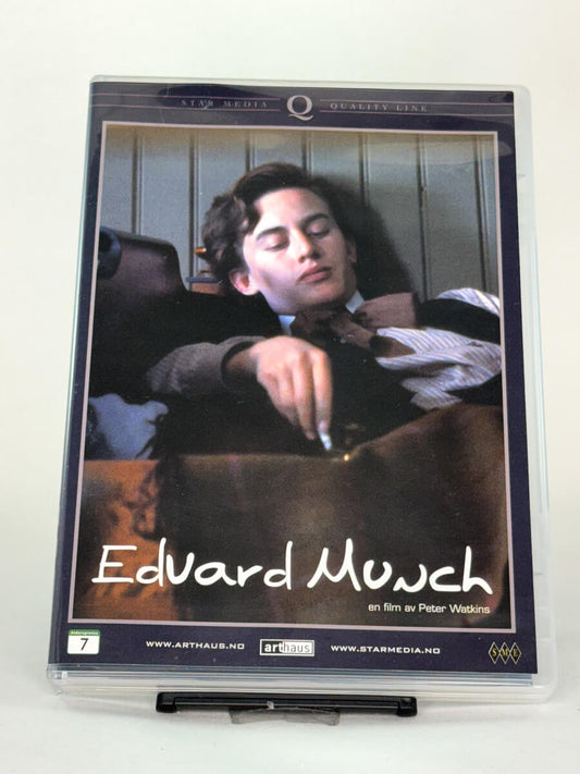 Forside av brukt DVD-film Edvard Munch, regissert av Peter Watkins, kritikerrost norsk-britisk filmklassiker, cover forside tilgjengelig hos Brukbar Film.
