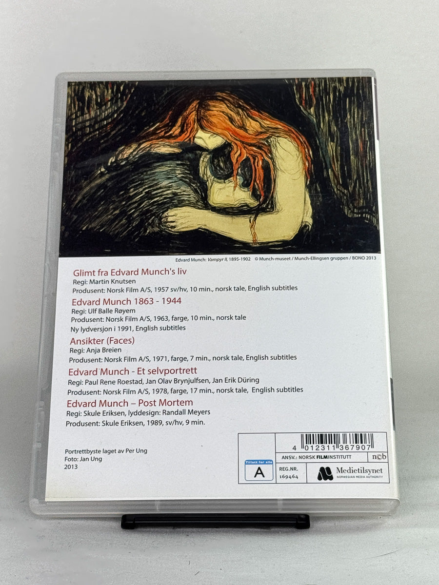 Bakside av DVD-cover til Edvard Munch – Fem korte filmer – brukt DVD med informasjon og detaljer, original fra Brukbar Film