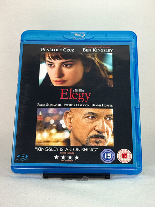 Forside av Blu-ray-cover for filmen Elegy – romantisk drama med Penélope Cruz og Ben Kingsley, brukt Blu-ray hos Brukbar Film.