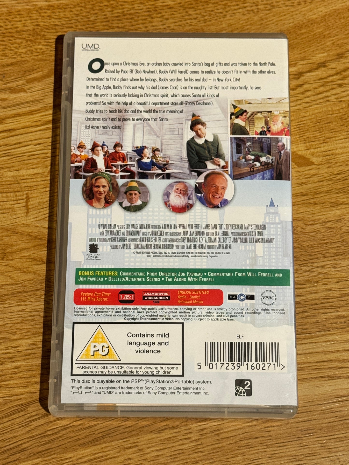 Bakside av cover til Elf, PSP UMD-utgivelse