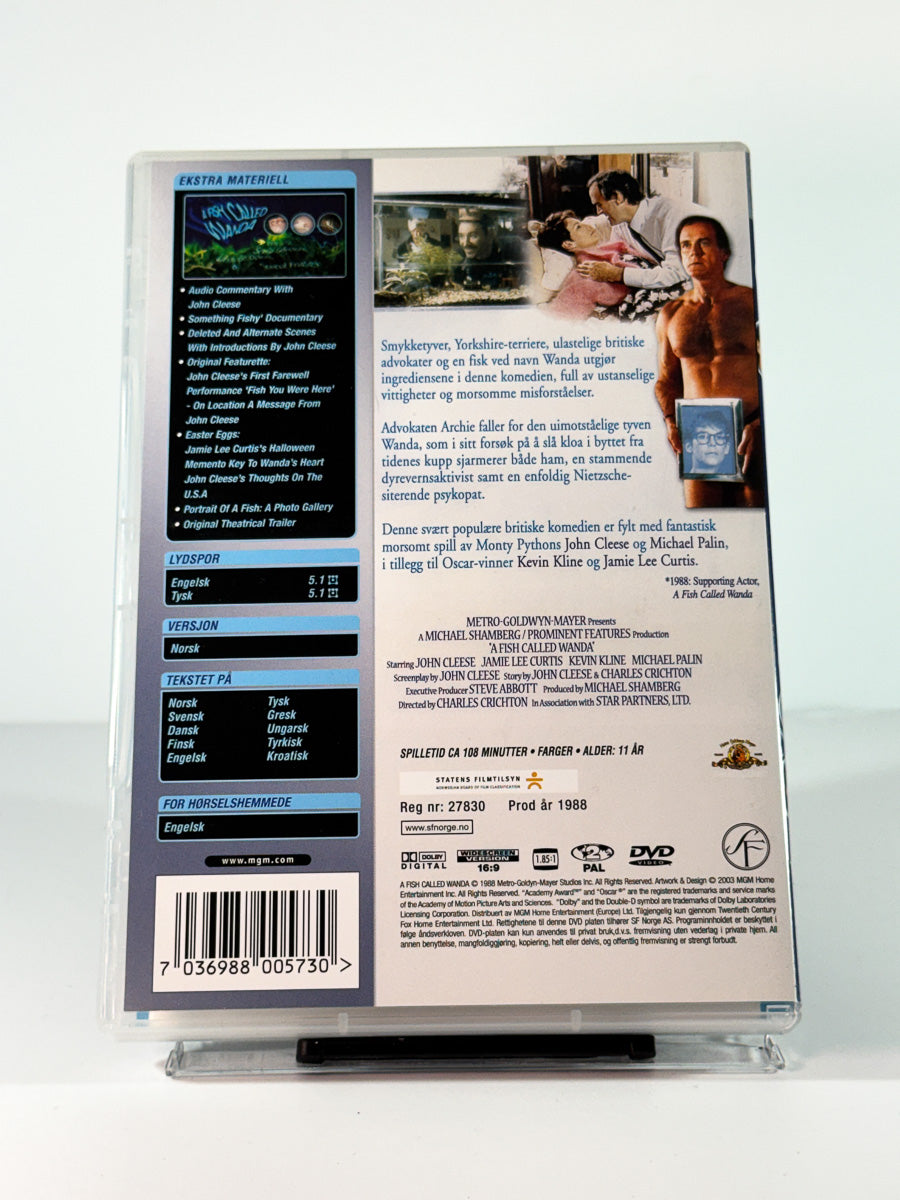 Bakside av cover til En fisk ved navn Wanda, brukt original DVD hos Brukbar Film