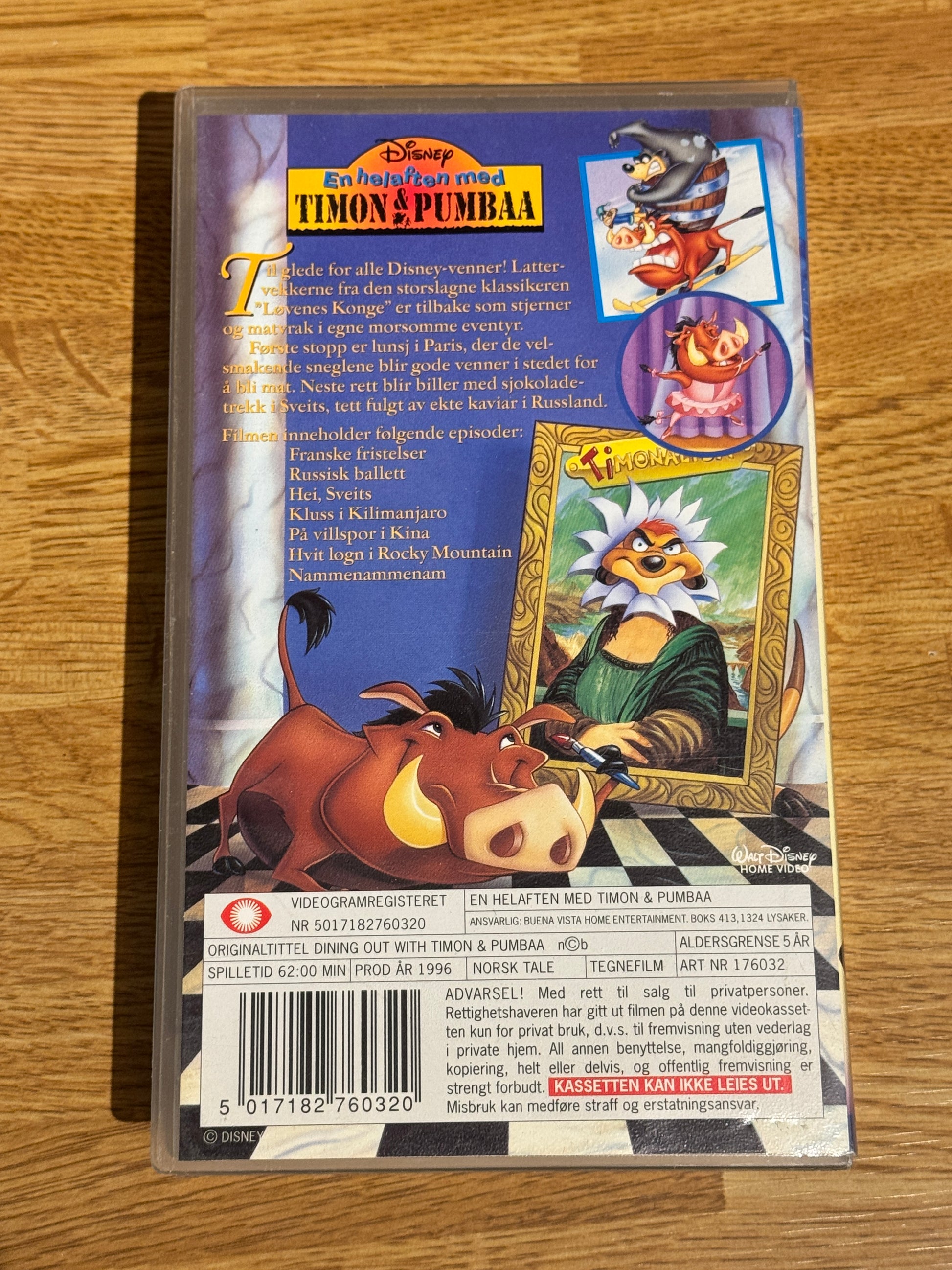 Bakside av cover til En helaften med Timon & Pumbaa, norsk VHS-utgivelse