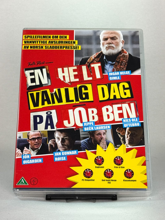 Forside av DVD-cover til En helt vanlig dag på jobben – norsk filmkomedie med Jon Øigarden og Ingar Helge Gimle, brukt originalfilm tilgjengelig hos Brukbar Film.