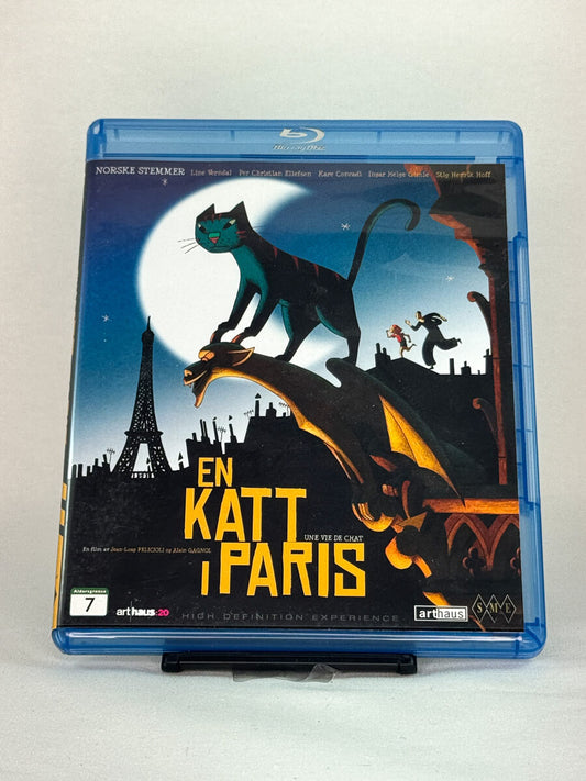 Forside av Blu-ray-cover til En katt i Paris – brukt animasjonsfilm på DVD og Blu-ray fra Brukbar Film