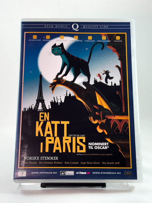 Forside av DVD-cover til En katt i Paris med animert motiv og norske stemmer; brukt animasjonsfilm på DVD hos Brukbar Film