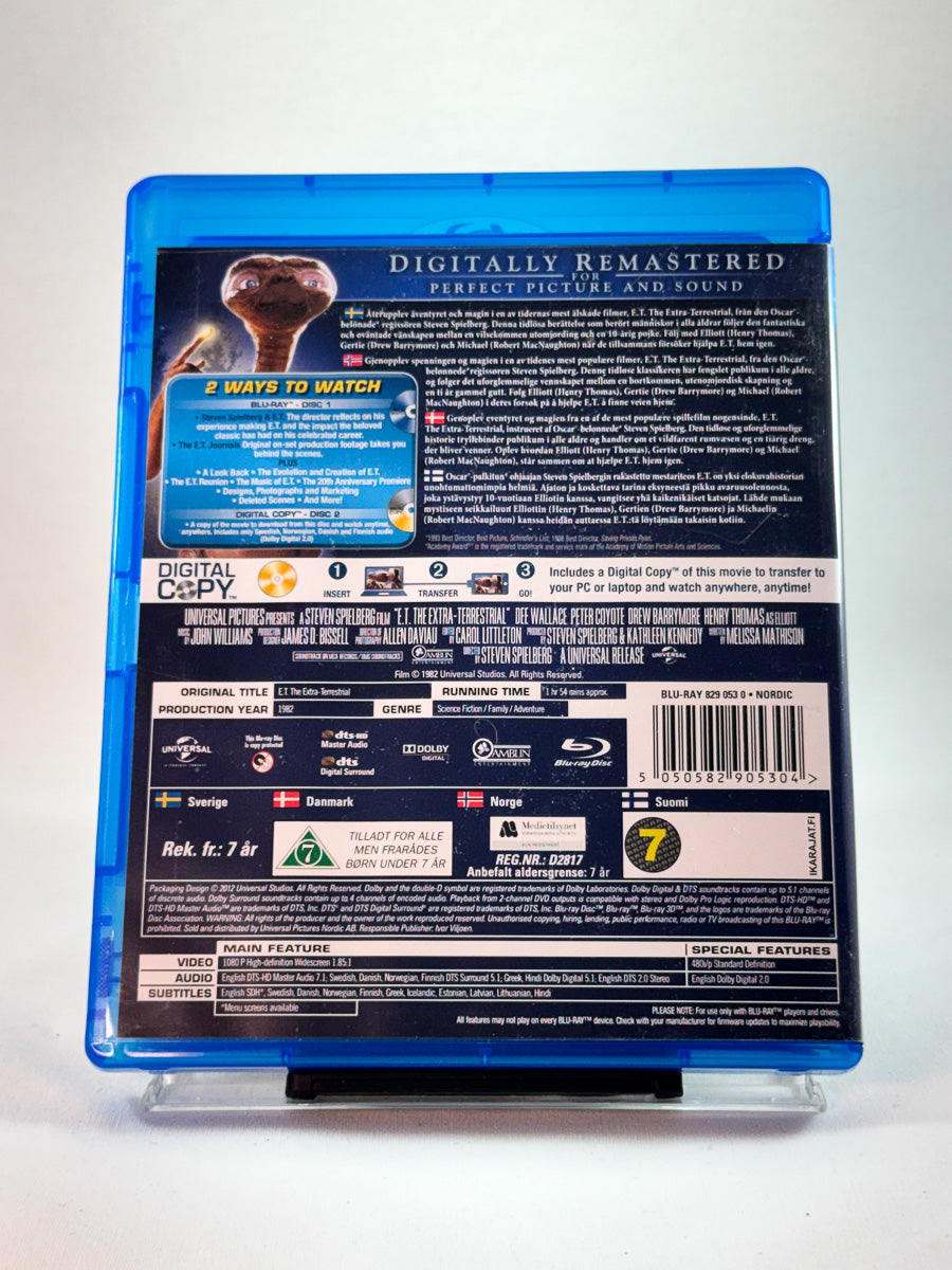 E.T. the Extra-Terrestrial – bakside av Blu-ray-cover, tidløs familiefilm og sci-fi-klassiker, bruktfilm hos Brukbar Film
