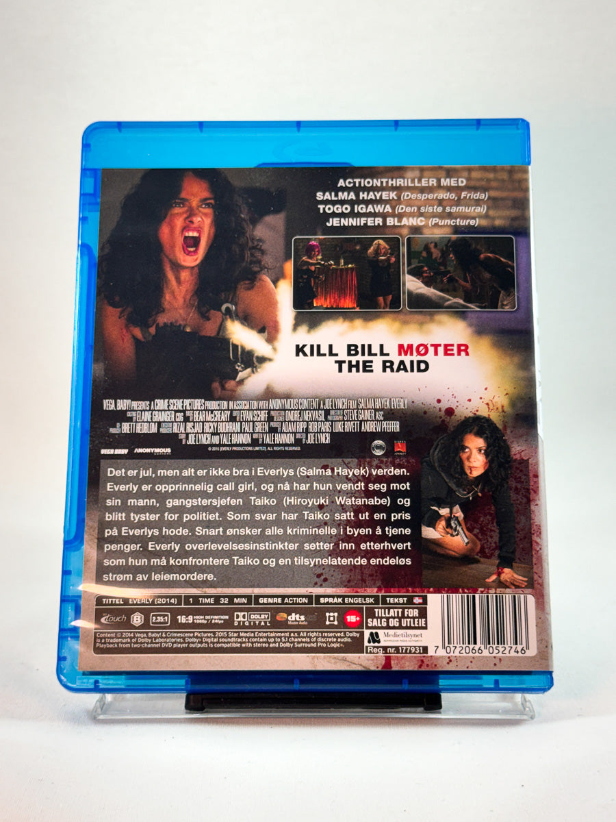 Bakside av cover til Everly, bruktfilm hos nettbutikken Brukbar Film