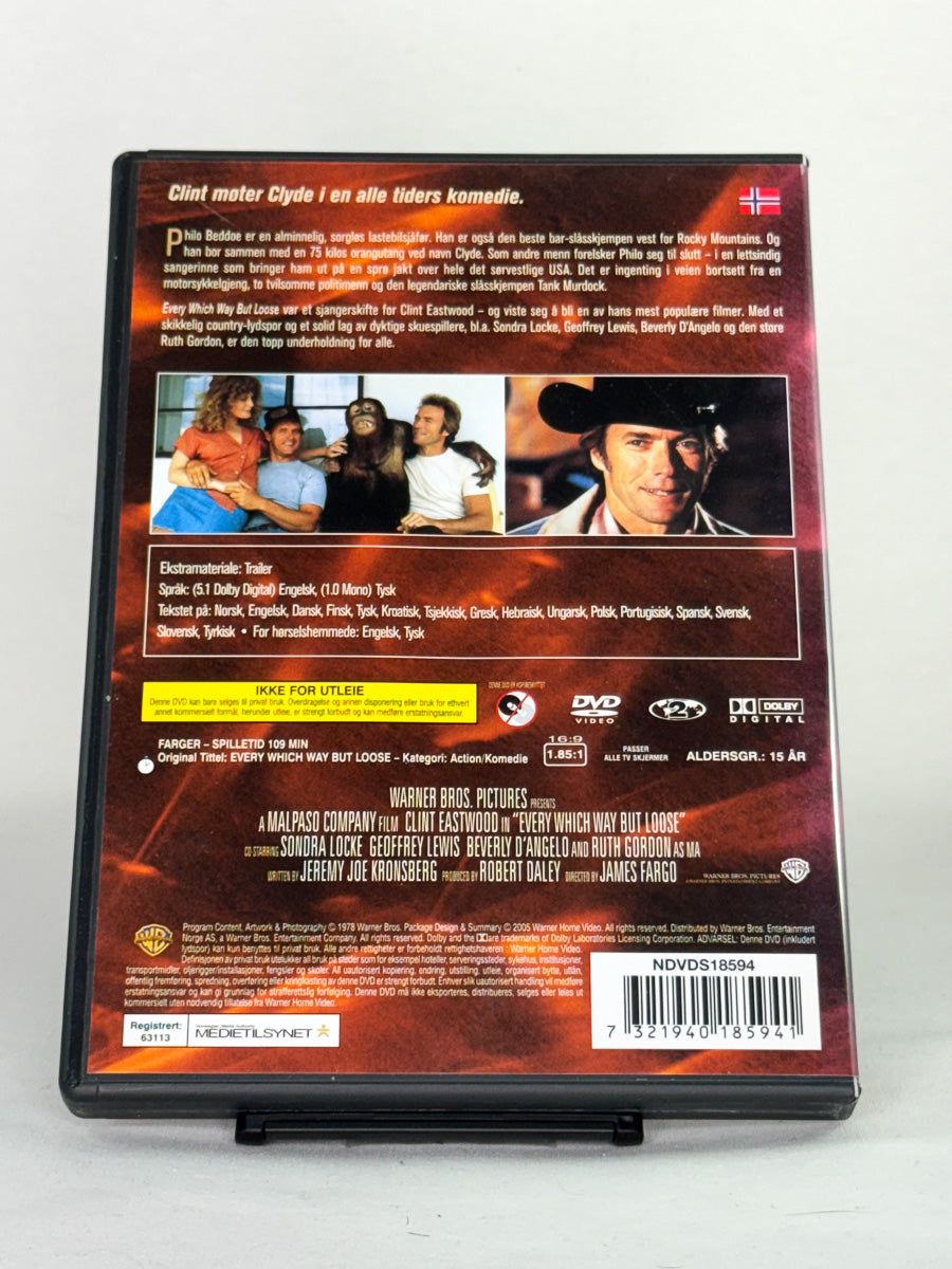 Bakside av DVD-cover for Every Which Way But Loose – brukt film med Clint Eastwood på DVD, hos Brukbar Film