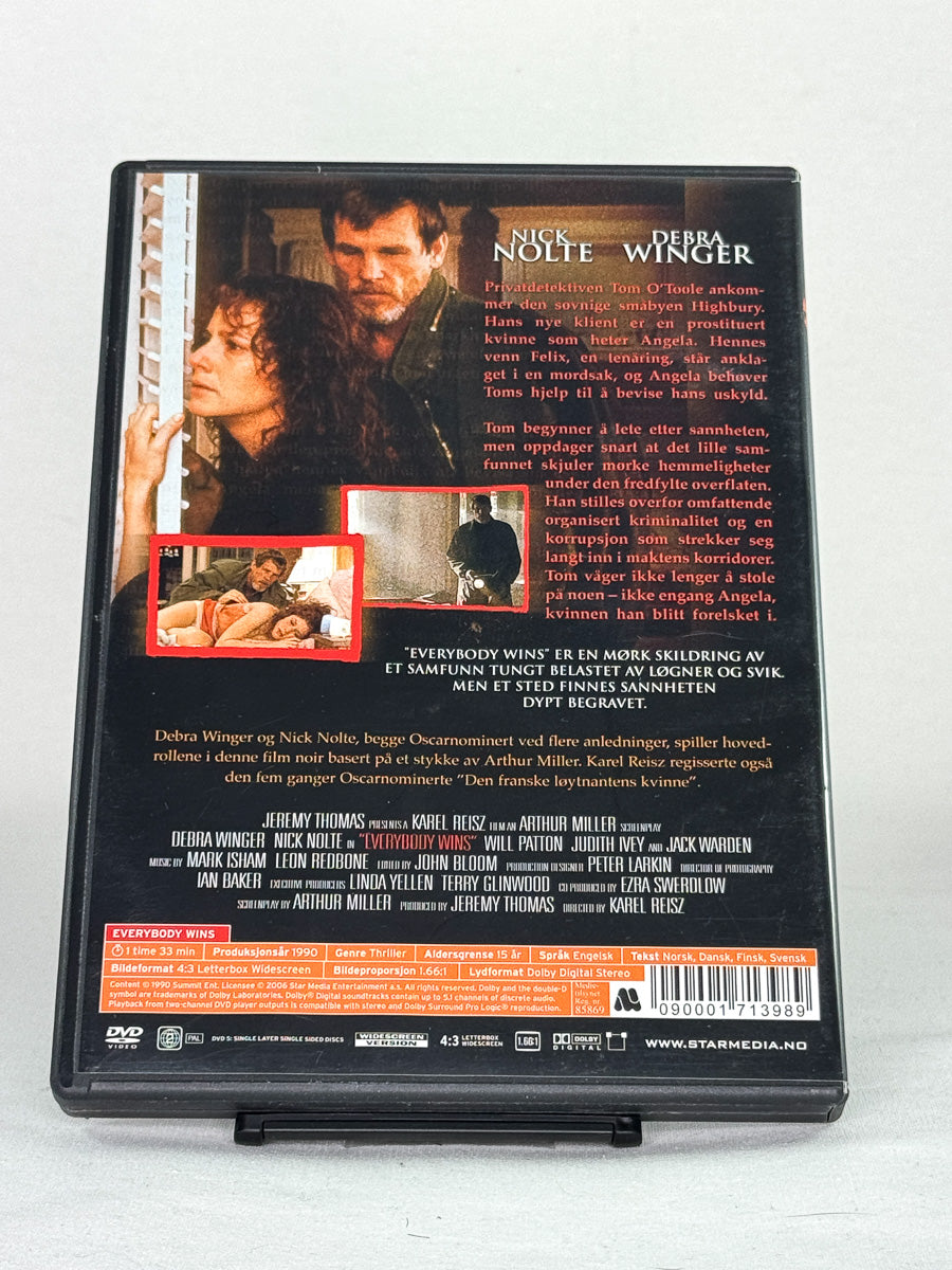 Bakside av DVD-cover til Everybody Wins – brukt DVD-film, bakside med info, tilgjengelig hos Brukbar Film