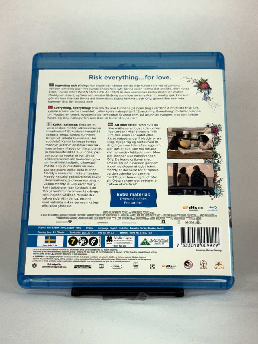 Bakside av Blu-ray-cover til Everything, Everything – brukt originalfilm med Amandla Stenberg og Nick Robinson, tilgjengelig hos Brukbar Film