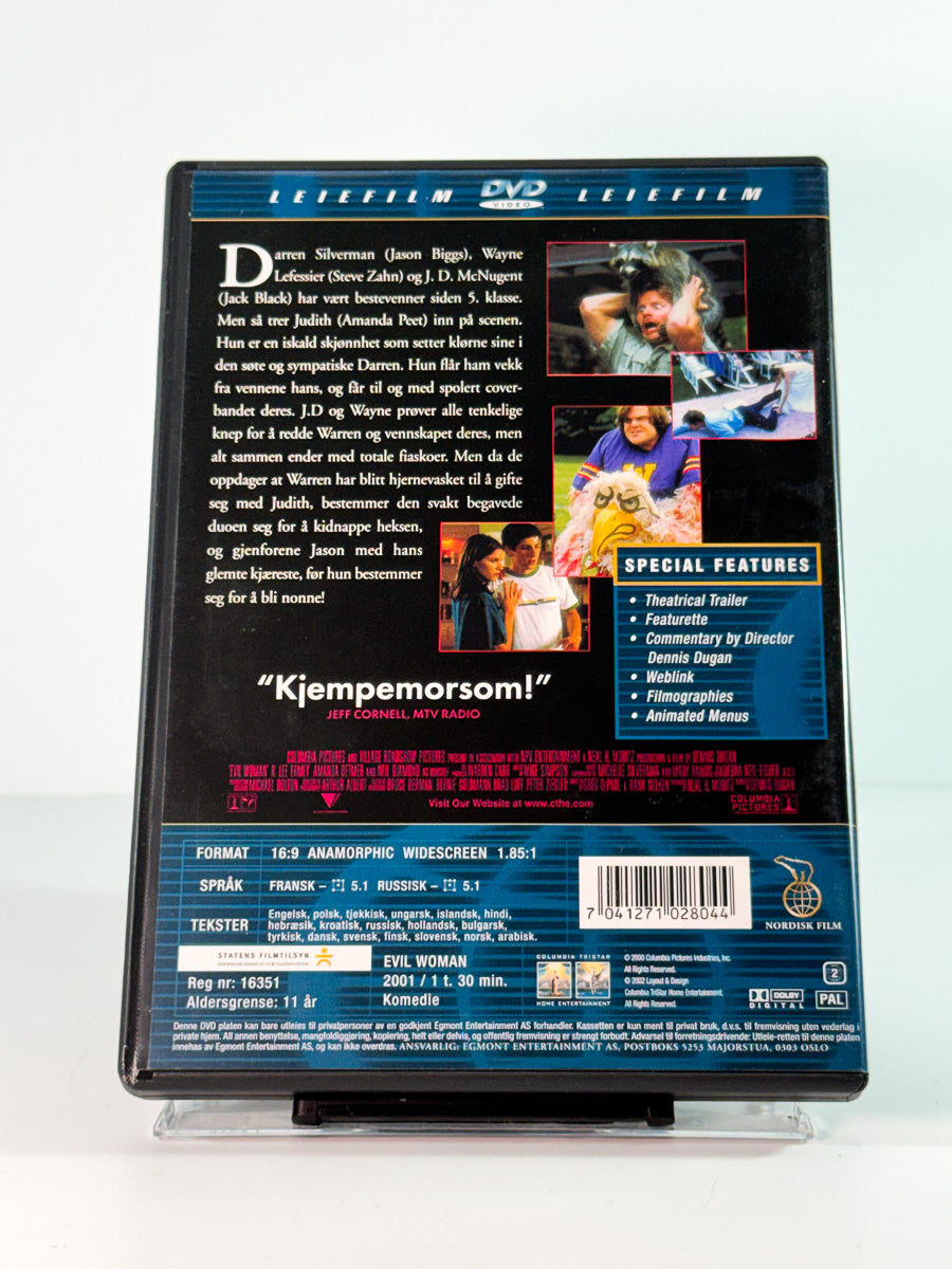 Bakside av cover til evil woman, brukt original DVD hos Brukbar Film