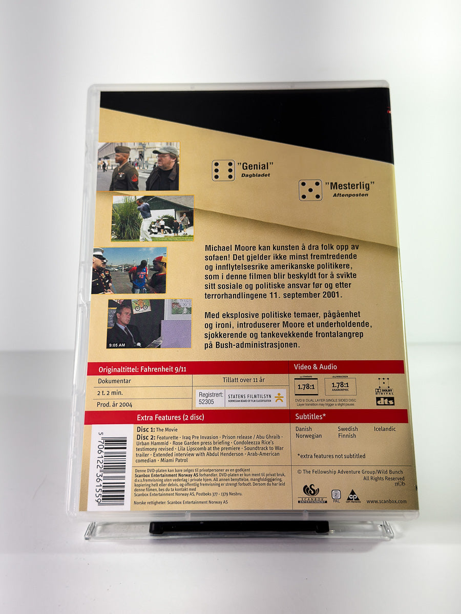 Bakside av cover til Fahrenheit 9/11, bruktfilm på DVD hos Brukbar Film